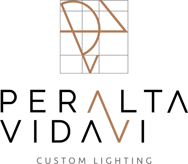 Peralta Vidavi Custom Lighting logo with geometric symbol and black and brown color scheme.